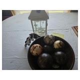 Lantern wood bowl balls and cow decor