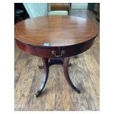 Round Wood Side Table with Brass Accents