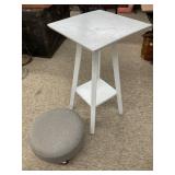 Painted Wooden Table and Grey Upholstered Footstoo