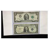 Currency 1957 $1 Silver Certificate & 1976 $2