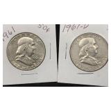 1961, 1961-D Silver Franklin (2) Half Dollars