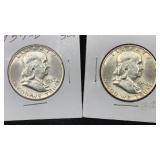 1957-D, 1958-D Silver Franklin (2) Half Dollars