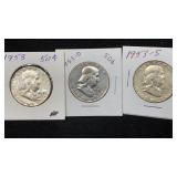 1953-PDS Silver Franklin (3) Half Dollars