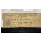 Currency 1861 $1 Bank of the Commonwealth Note