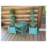 Wicker Side Table and Faux Topiary Planters