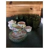 Decorative Tea Sets and Green Glassware