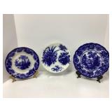 Three Blue Transferware Plates