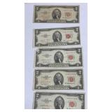 Currency (5) 1953 $2 Red Seal United States Notes