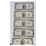 Currency (5) 1953 $2 Red Seal United States Notes