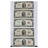 Currency (5) 1953 $2 Red Seal United States Notes
