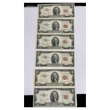 Currency (6) 1953 $2 Red Seal United States Notes