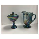 Iridescent Glass Compote and Pitcher Set