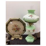 Green Glass Oil Lamp and Octagonal Needlepoint Pan