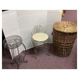 Metal Plant Stand, Metal Chair, and Wicker Basket