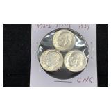 (3) UNC Silver Roosevelt Dimes: 1952-D, 1955-D,