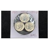 (3) UNC Silver Roosevelt Dimes: 1947, 1949-D,