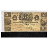 Currency 1861 $2 Farmers Bank of Virginia Note,