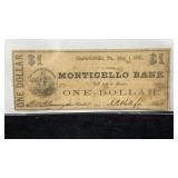 Currency 1861 $1 Monticello Bank Note,