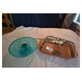 Copper baking dish, blue/green cake stand