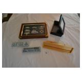 Shadow box of knots, shelf, signs