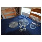 Glass cake plate, relish plate, candlesticks,