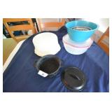 Cast Iron pot, cake container, misc bowls
