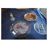Pink serving plate, cruet, relish tray, silver