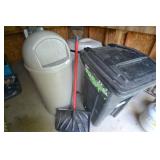 3 garbage cans, snow shovel