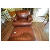 Brown leather chair & ottoman, lightly worn