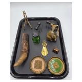 (2) Metal Ants, Wooden Carved Shoe, Brass Plate