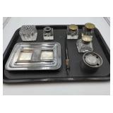 Antique Glass Inkwells w Brass Tops, Old Pen