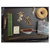Old Brass Whistle, Flask, Keys, Twine