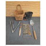 Basket, Flour Sifter and Kitchen Utensils