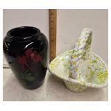 Black Glass Vase and Ceramic Basket