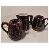 (3) Antique Brownware Pitcher and Coffe Pots - no