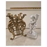 Vtg Lyre Harp Cast Metal Stand and Cherub