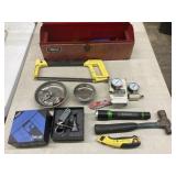 Tool box w/hacksaw, working flashlight, new guages
