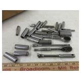Lot of 1/4" deep sockets w/ratchets, brakers bar,
