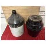 9" tall crock with lid, chip inside edge,& jug