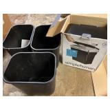 4 black plastic trash cans, 11 x 8 x 12