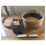 Wooden 16" Round Box, Harmonica & tin