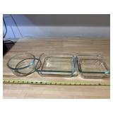 3 Pryex glass baking dishes, round, square &