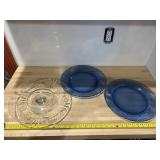 2 - Pyrex 12" blue dinner plates & Pedestal cake