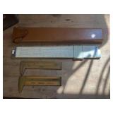 Lufkin, Stanley calipers & slide rule with case