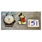 Vintage Mickey Mouse Ingersoll Watch & Lapel Pin