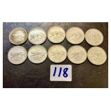 Ten 1967 Canada Silver Quarters