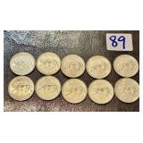 Ten 1967 Canada 25 Cent Coins Quarters