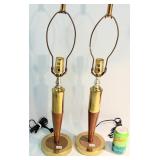 MCM Pair of Table Lamps Brass & Wood