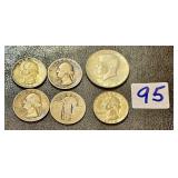 5 U.S. Silver Quarters & 1 Kennedy Fifty Cent Coin