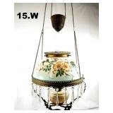 Victorian Hanging Oil Lamp with Hand Painted Shade